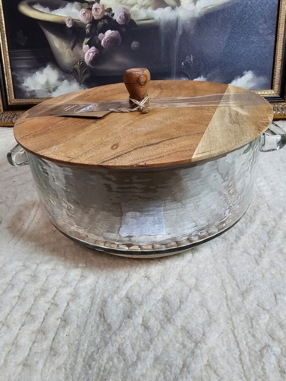 NEW Viral HTF Made In India Glass Bowl with Wooden Lid and Handles firm price